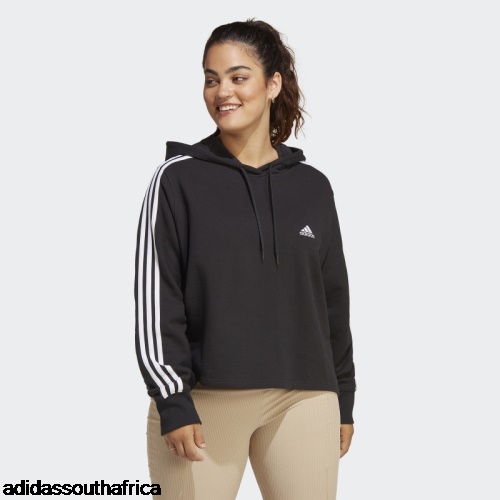 Essentials 3-Stripes French Terry Crop Hoodie (Plus Size) Black Adidas South Africa